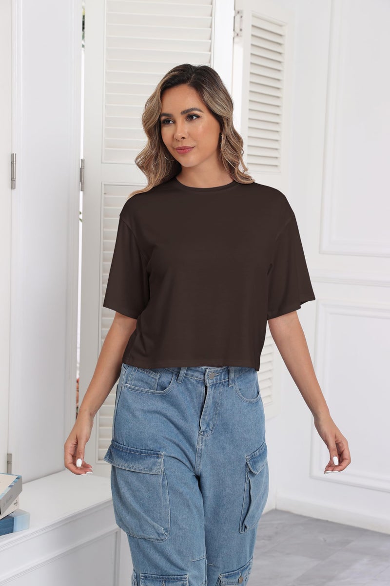 PRIMODA Women's Loose Fit Cropped T Shirts Crew Neck Half Sleeve Crop Tops Tee Shirts (Brown S) - Image 2