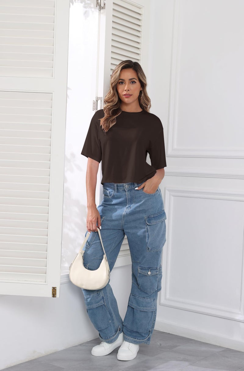 PRIMODA Women's Loose Fit Cropped T Shirts Crew Neck Half Sleeve Crop Tops Tee Shirts (Brown S) - Image 4