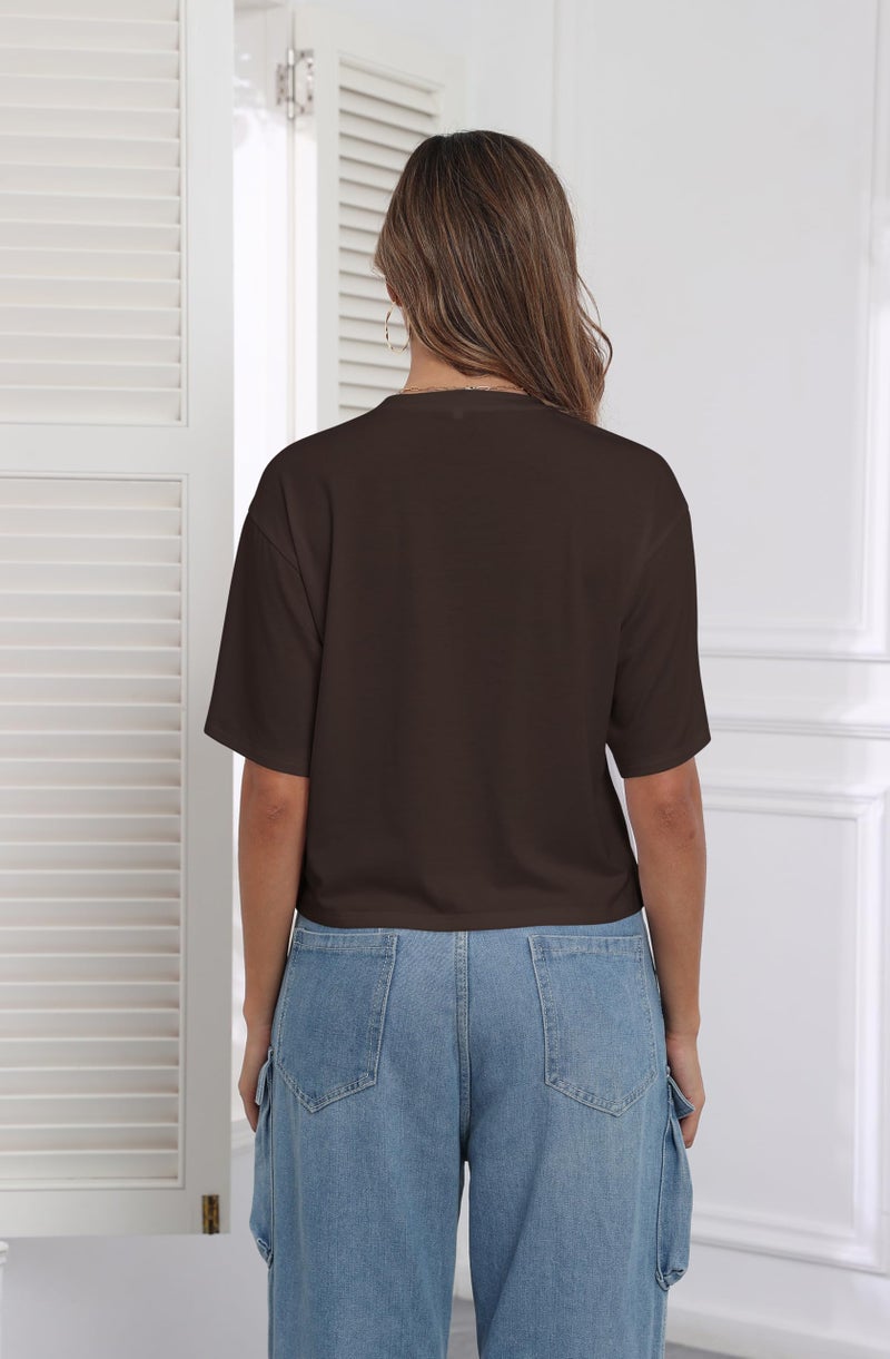 PRIMODA Women's Loose Fit Cropped T Shirts Crew Neck Half Sleeve Crop Tops Tee Shirts (Brown S) - Image 5