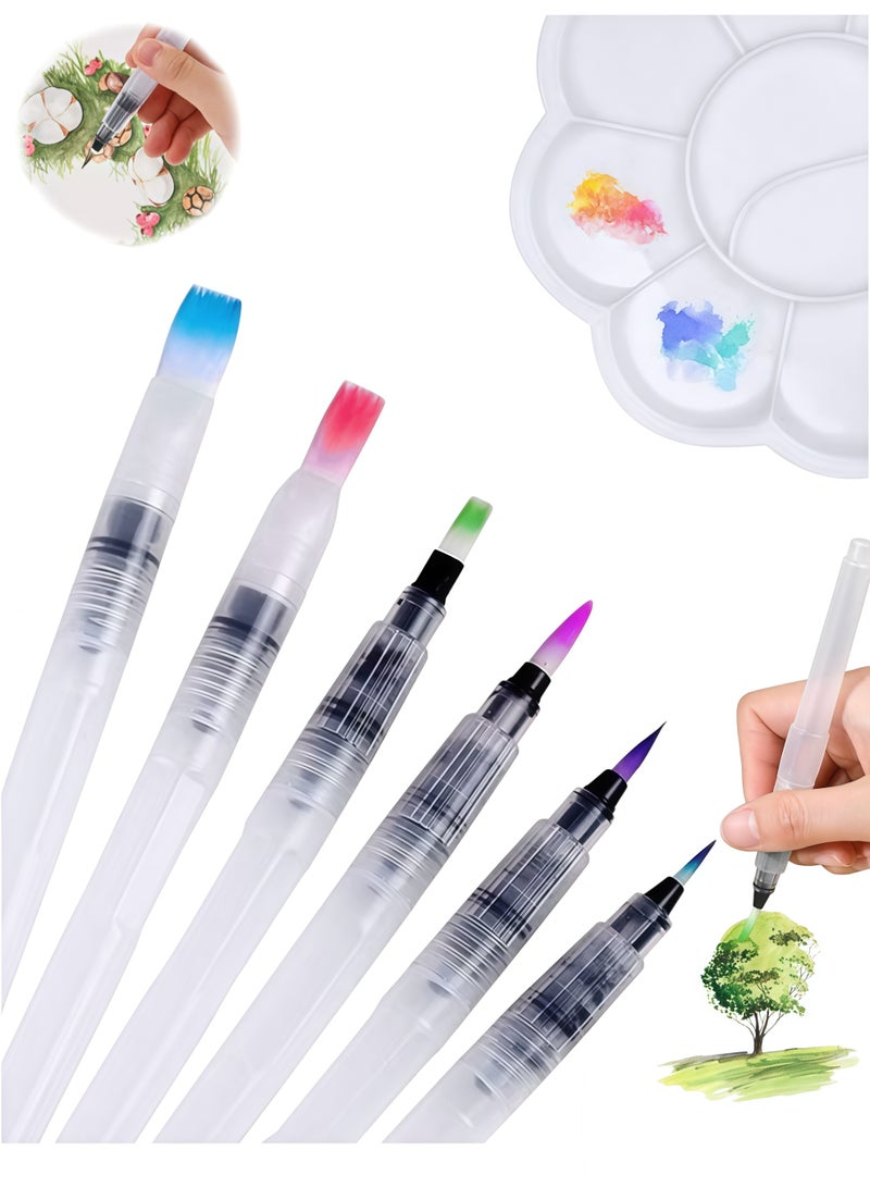6 Set Watercolor Brush Pen with Flower Shape Paint Plate Tray Mixing Palette, Assorted Tips Size,  Refillable Paintbrush, For Watercolour Oil Acrylic Painting - Image 1
