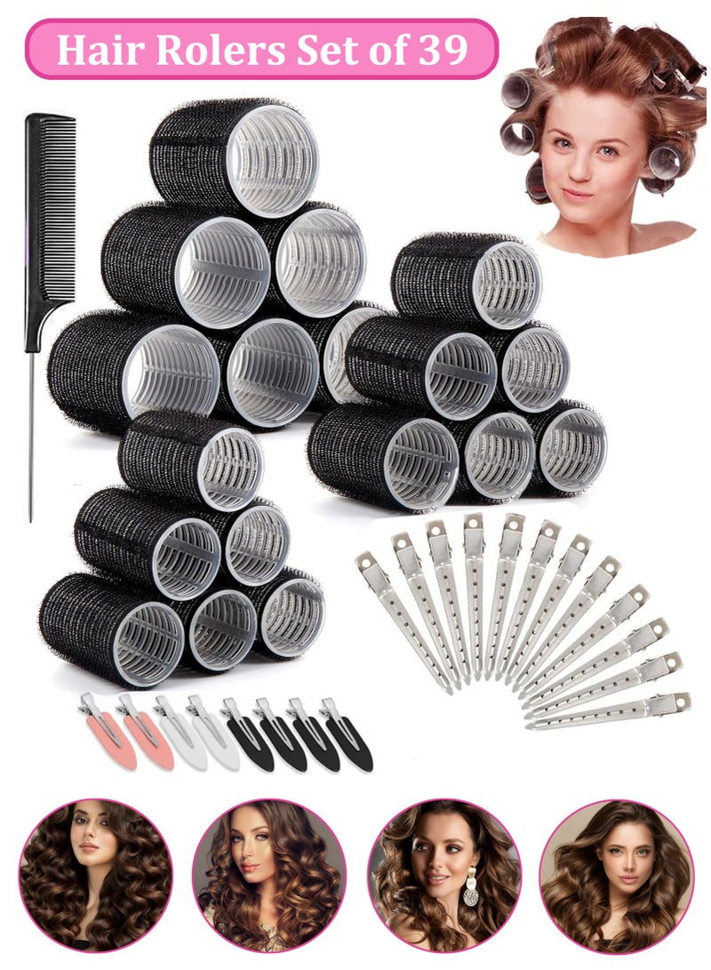 YIM-VIBEHAUS 39 PCS Hair Rollers Set, 60 46 36 mm Hair Curlers for Long Hair, Medium Hair and Short Hair, Self Grip Hair Roller with 20 Pcs Hair Clips and 1 comb, 3-Size Heatless Hair Roller(6 Jumbo/ 6 Large/ 6 Medium) - Image 1