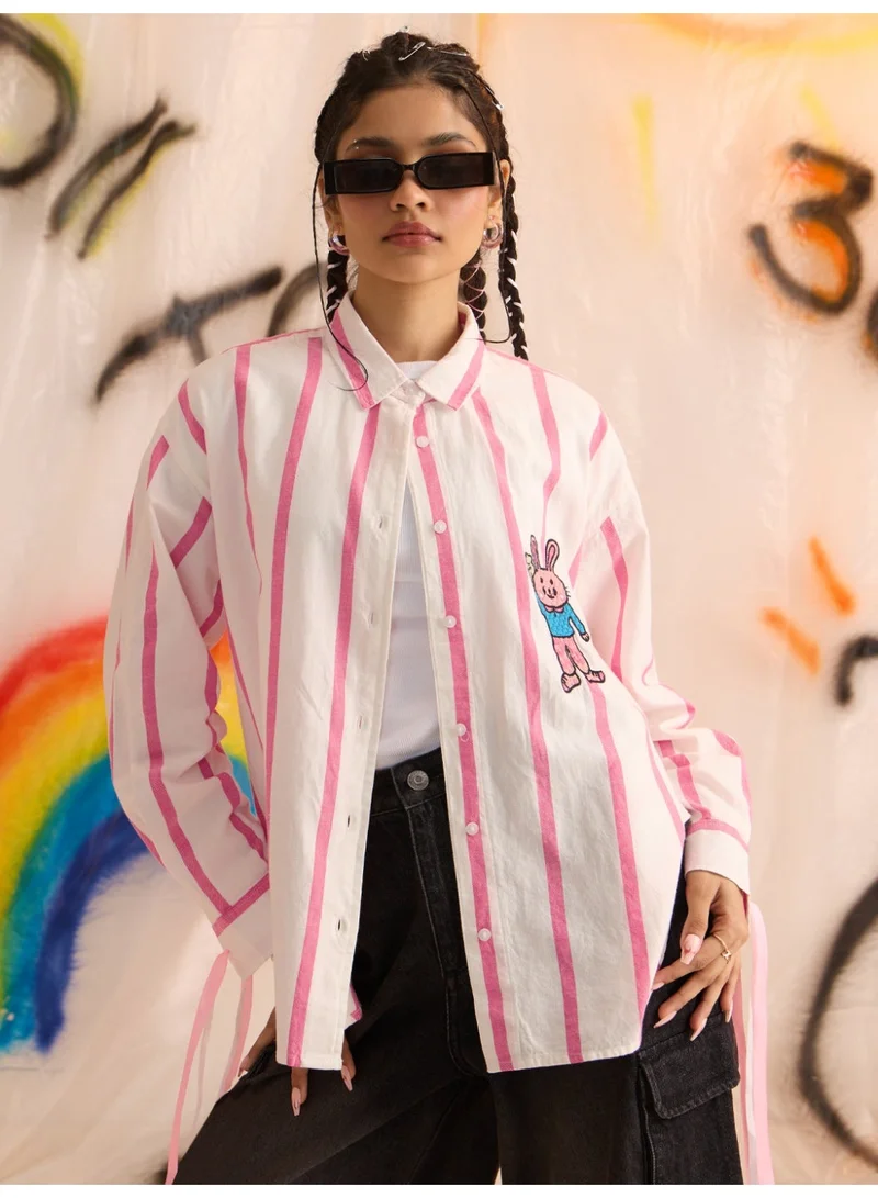 The Souled Store The Souled Store Clover Bunny: Women and Girls Full Sleeves Spread Collar Striped Graphic Printed Cotton Oversized Fit Lightweight Comfortable All-Season Shirt for Casual Streetwear