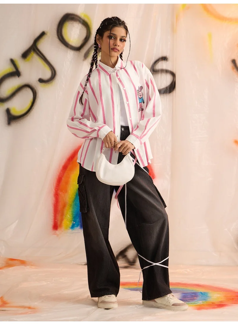 The Souled Store The Souled Store Clover Bunny: Women and Girls Full Sleeves Spread Collar Striped Graphic Printed Cotton Oversized Fit Lightweight Comfortable All-Season Shirt for Casual Streetwear