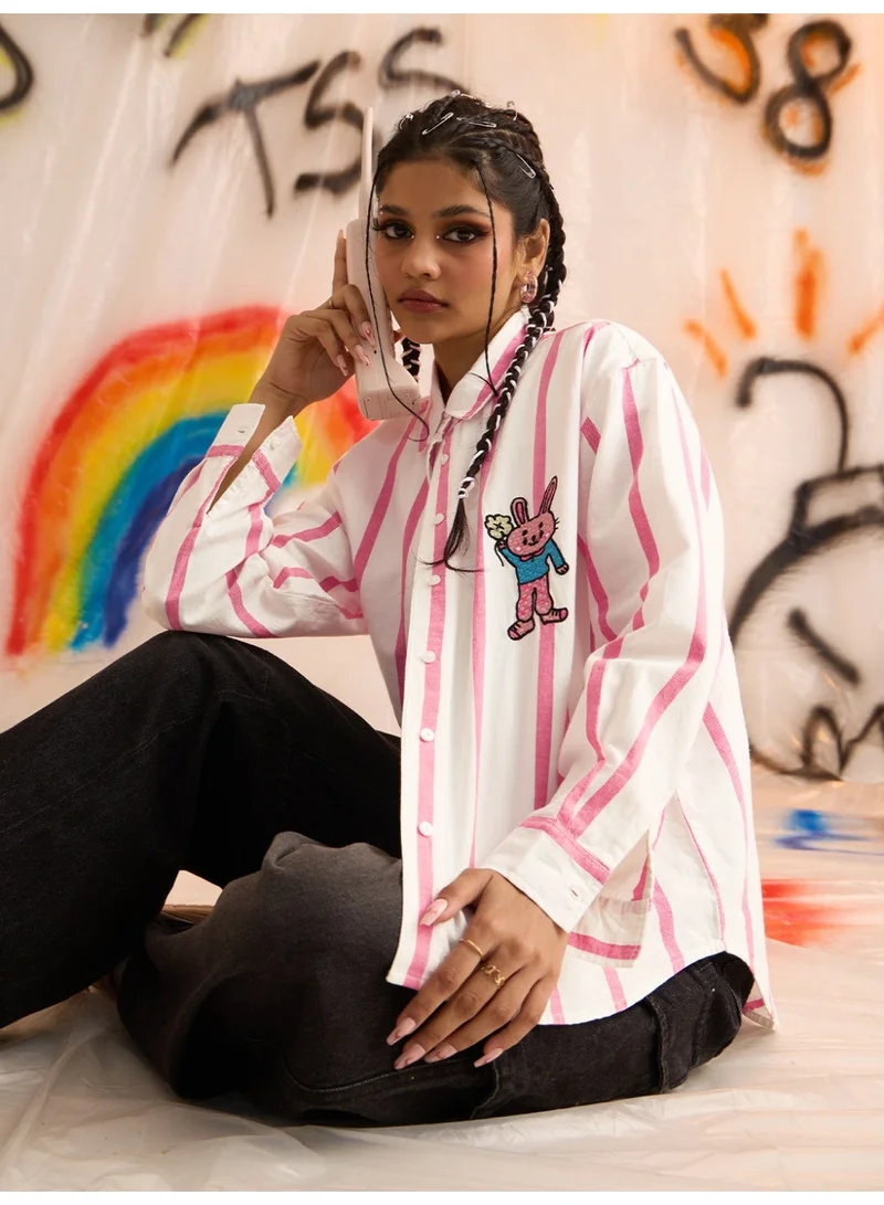 The Souled Store  The Souled Store Clover Bunny: Women and Girls Full Sleeves Spread Collar Striped Graphic Printed Cotton Oversized Fit Lightweight Comfortable All-Season Shirt for Casual Streetwear  | Best Price UAE