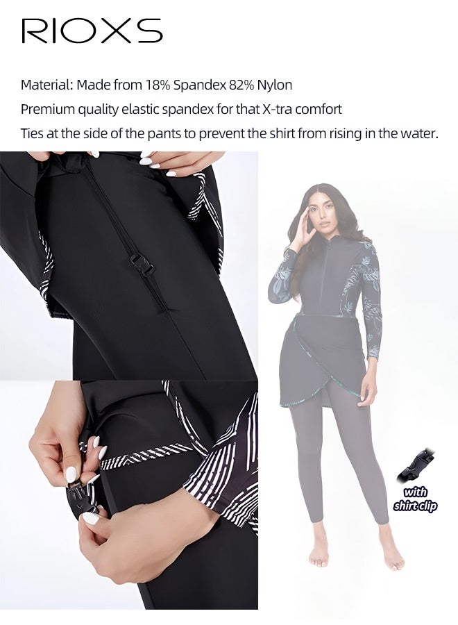 RIOXS Womens Muslim Swimsuits, 3 Pieces Women's Swimwear- Swim Cap+ ​Long-Sleeve Swim Skirt+ UV Sun Protection Leggings, Ladies Leaves Floral Print Swimsuit Top, Full Coverage Swimwear, Ladies' Swim Suit Beachwear Swimming Set  - Image 4