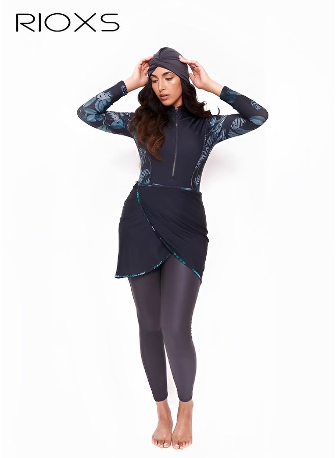 3 Pieces Womens Muslim Swimwear, Modest Full Coverage Ladies' Swimwear- Swim Cap+ Long-Sleeve Front Zippered Swim Skirt+ UV Sun Protection Leggings, Ladies Leaves Floral Print Swimsuit Top, Bathing Suits Surfing Wetsuits for Rafting/ Canoeing/ Beach/ Water Park