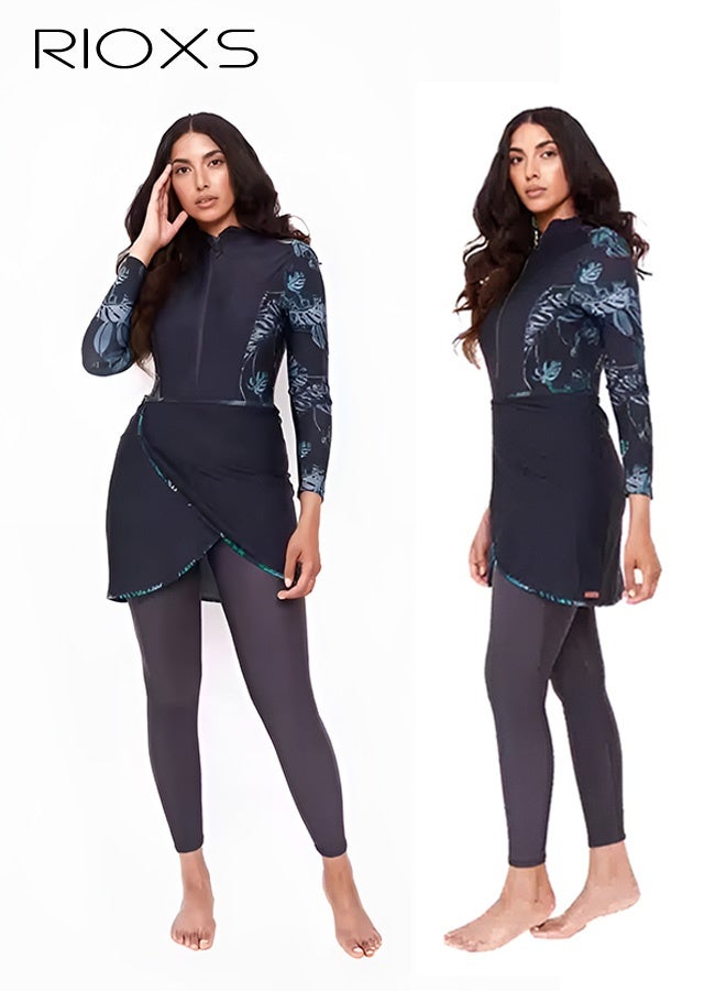 ريوكس 3 قطع ملابس سباحة نسائية إسلامية، ملابس سباحة نسائية محتشمة تغطي الجسم بالكامل - قبعة سباحة + تنورة سباحة بأكمام طويلة وسحاب أمامي + سروال ضيق واقي من الأشعة فوق البنفسجية، بلوزة سباحة نسائية مزينة بنقشة أوراق الشجر، ملابس سباحة وملابس ركوب الأمواج للتجديف/التجديف بالزوارق/الشاطئ/المنتزه المائي - Image 2
