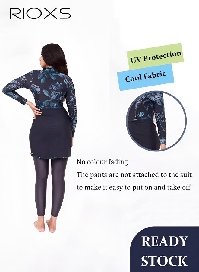 ريوكس 3 قطع ملابس سباحة نسائية إسلامية، ملابس سباحة نسائية محتشمة تغطي الجسم بالكامل - قبعة سباحة + تنورة سباحة بأكمام طويلة وسحاب أمامي + سروال ضيق واقي من الأشعة فوق البنفسجية، بلوزة سباحة نسائية مزينة بنقشة أوراق الشجر، ملابس سباحة وملابس ركوب الأمواج للتجديف/التجديف بالزوارق/الشاطئ/المنتزه المائي - Image 3