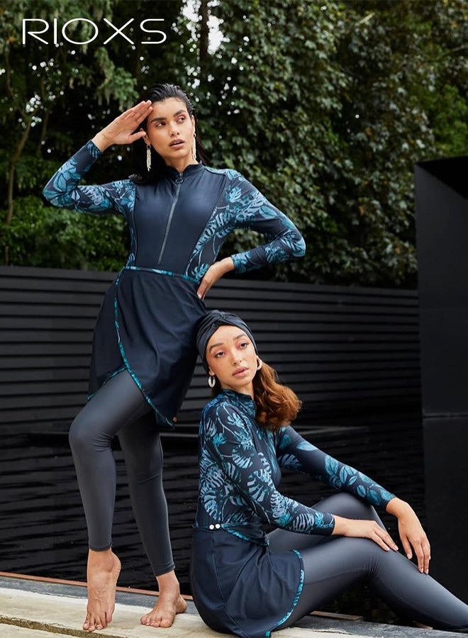 ريوكس 3 قطع ملابس سباحة نسائية إسلامية، ملابس سباحة نسائية محتشمة تغطي الجسم بالكامل - قبعة سباحة + تنورة سباحة بأكمام طويلة وسحاب أمامي + سروال ضيق واقي من الأشعة فوق البنفسجية، بلوزة سباحة نسائية مزينة بنقشة أوراق الشجر، ملابس سباحة وملابس ركوب الأمواج للتجديف/التجديف بالزوارق/الشاطئ/المنتزه المائي - Image 4