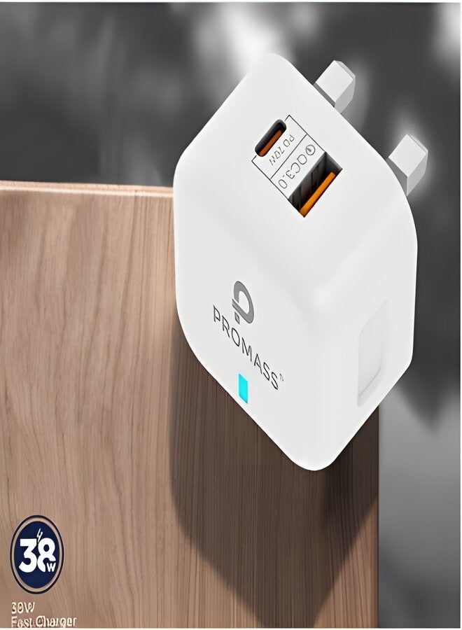PROMASS Original Wall Charger With Two Ports, 1 USB And 1 PD Port, Supports Fast Charging From Promass 38W White Color - Image 2