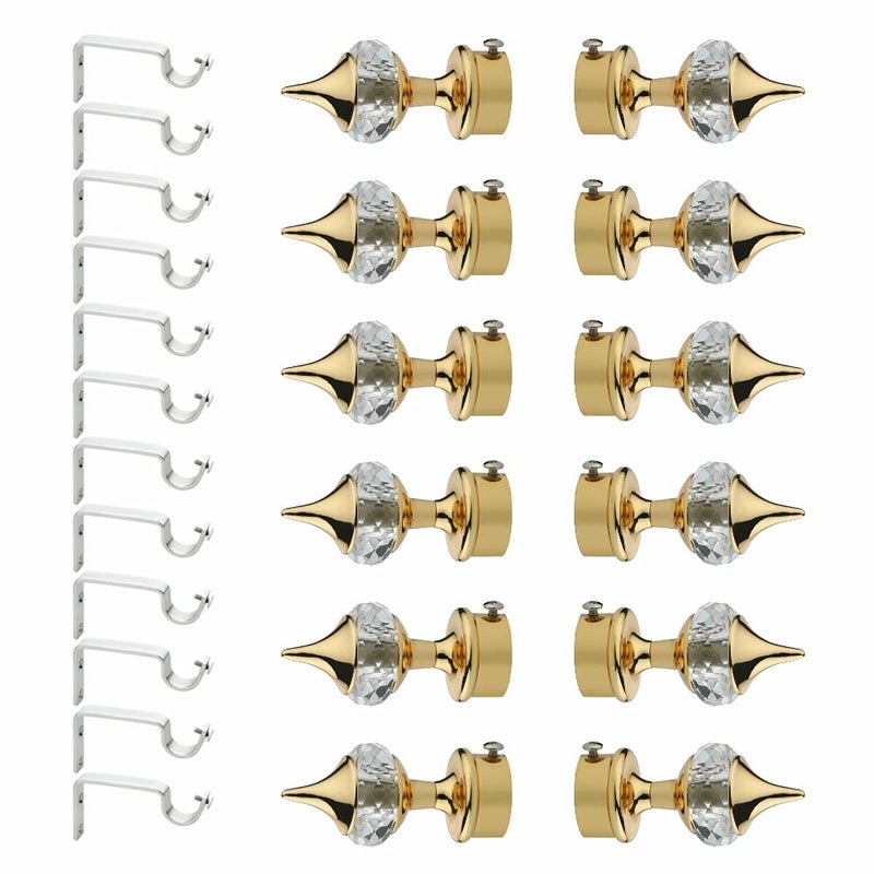 GLOXY ENTERPRISE Aluminium Single Diamond Curtain Brackets Parda Holders with Support Fittings 1 Inch Rod Pocket Finials Designer Door and Window Golden 6 Pair