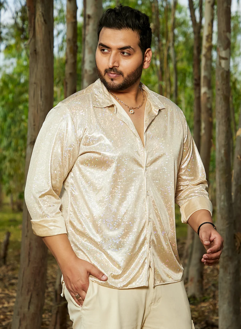 Instafab Plus Instafab Plus Men's Metallic Beige Sheen Chevron Shirt For Casual Wear | Spread Collar | Long Cuffed Sleeves | Button Closure | Plus Size Shirt Crafted With Comfort Fit For Everyday Wear
