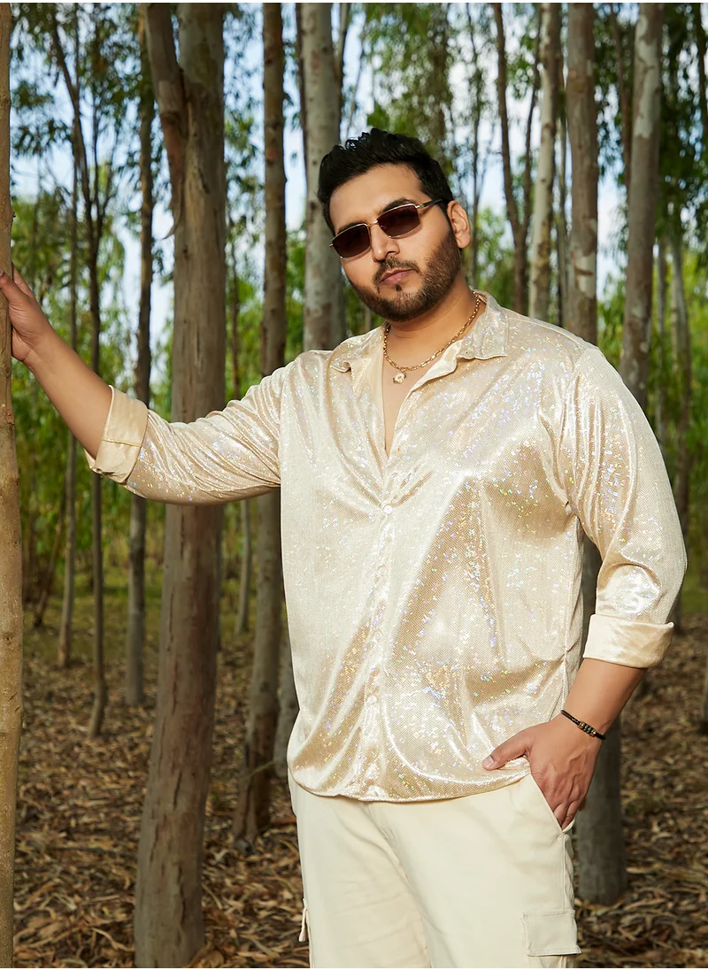 انستافاب بلس Instafab Plus Men's Metallic Beige Sheen Chevron Shirt For Casual Wear | Spread Collar | Long Cuffed Sleeves | Button Closure | Plus Size Shirt Crafted With Comfort Fit For Everyday Wear
