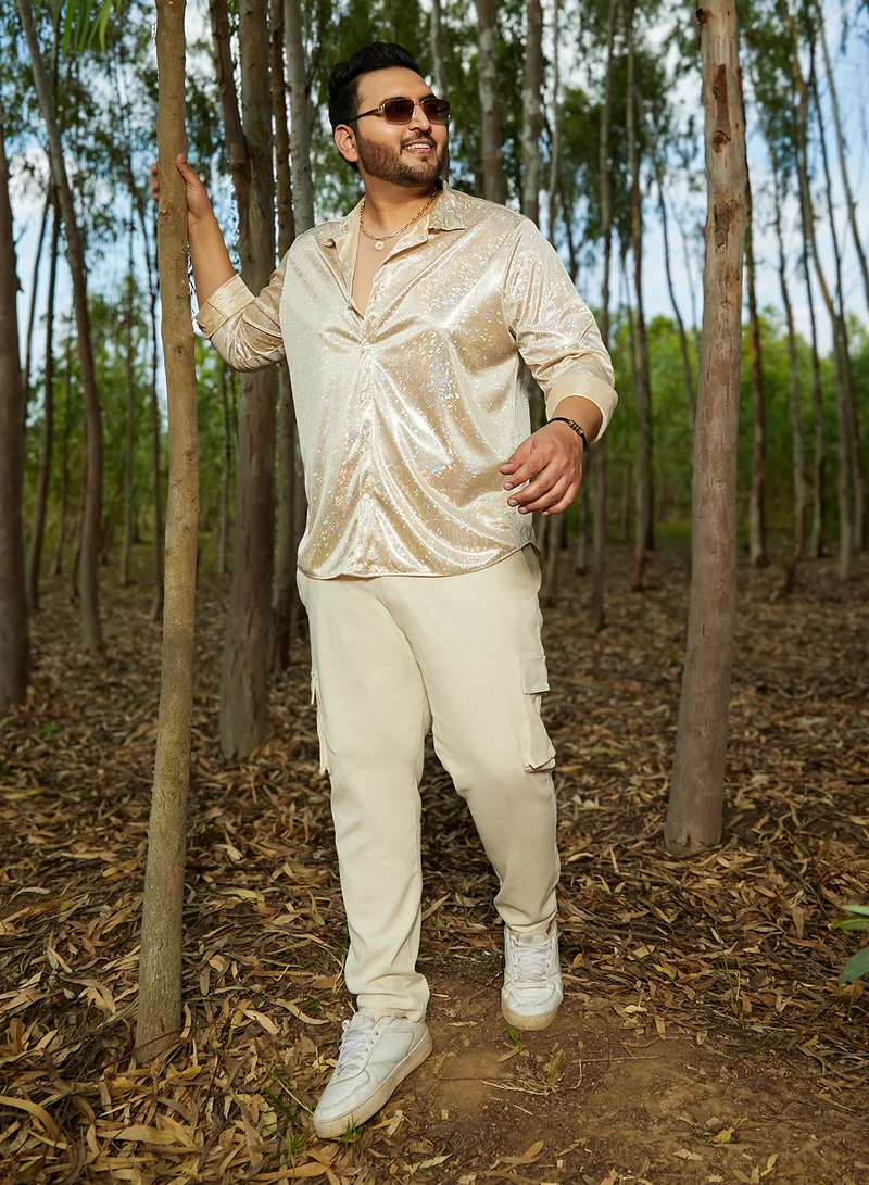 Instafab Plus Instafab Plus Men's Metallic Beige Sheen Chevron Shirt For Casual Wear | Spread Collar | Long Cuffed Sleeves | Button Closure | Plus Size Shirt Crafted With Comfort Fit For Everyday Wear