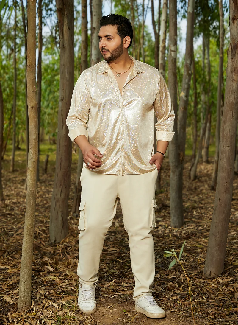 Instafab Plus Instafab Plus Men's Metallic Beige Sheen Chevron Shirt For Casual Wear | Spread Collar | Long Cuffed Sleeves | Button Closure | Plus Size Shirt Crafted With Comfort Fit For Everyday Wear