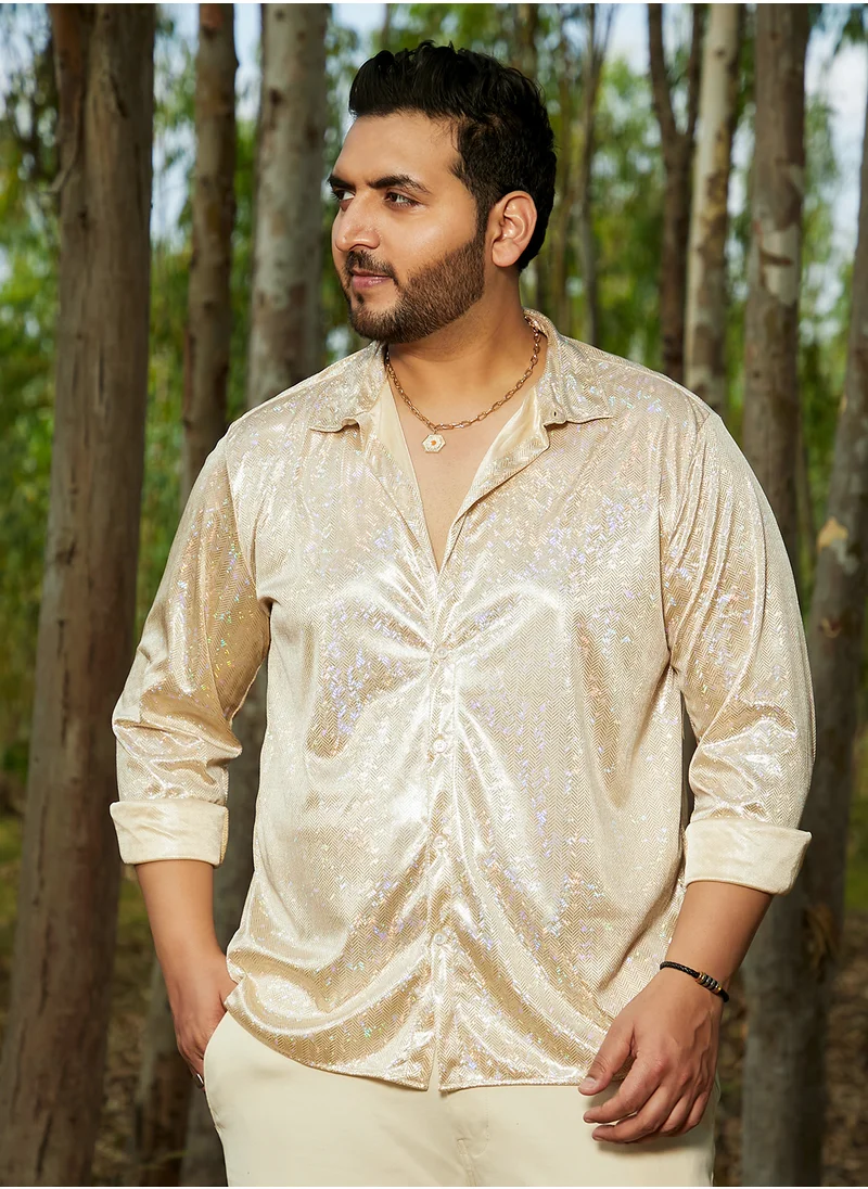 انستافاب بلس Instafab Plus Men's Metallic Beige Sheen Chevron Shirt For Casual Wear | Spread Collar | Long Cuffed Sleeves | Button Closure | Plus Size Shirt Crafted With Comfort Fit For Everyday Wear