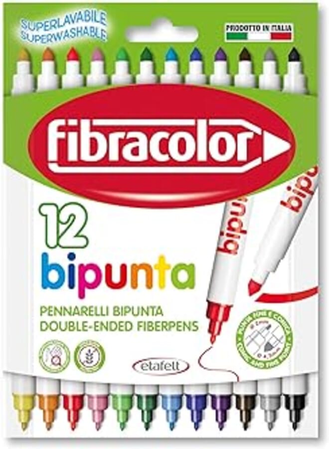 Fibracolor Bipunta Double Ended Fibre Colouring Pens Super Washable - Pack of 12