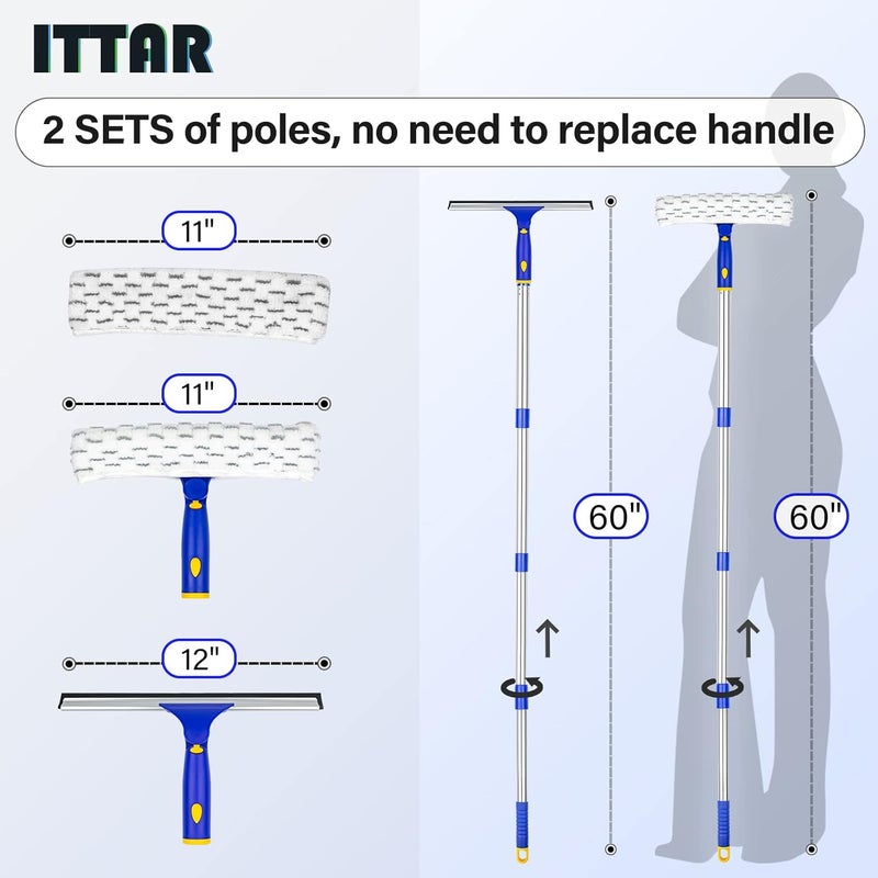 ITTAR ممسحة نوافذ مع عمود من الفولاذ المقاوم للصدأ 2 مجموعة، أدوات تنظيف الممسحة مع وسادات ميكروفايبر، مجموعة غسيل نوافذ قابلة للتمديد 60"-72"، منظف ممسحة محترف للزجاج الخارجي للمنزل والسيارة - Image 2