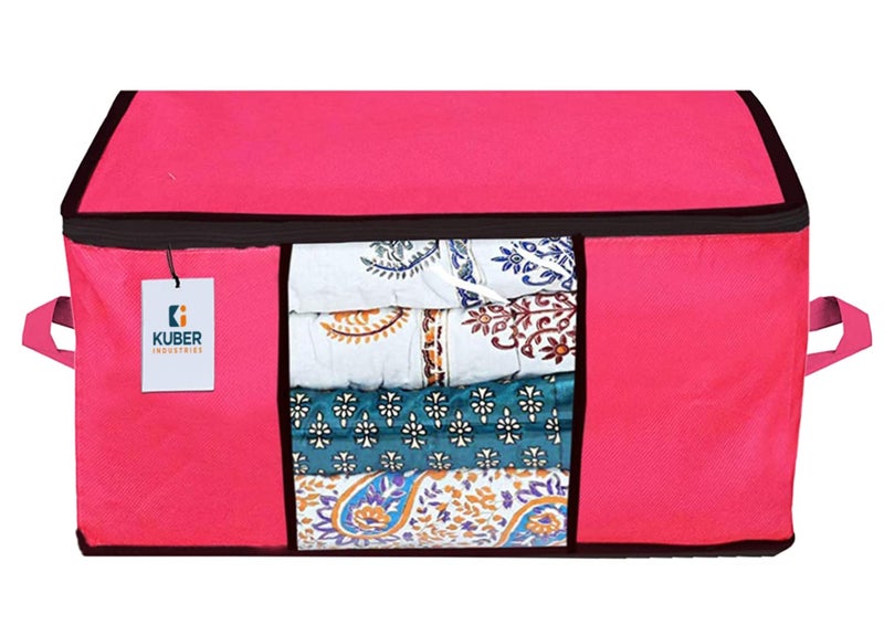 Kuber Industries Underbed Storage BagOrganizer For Clothes LargeNonWoven Comforter Blanket CoverTransparent Window Premium ZipperSide HandlesPack of 9 Pink - Image 3
