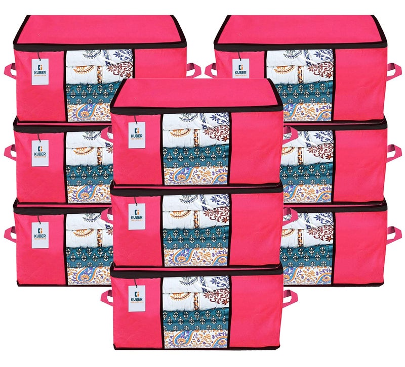 Kuber Industries Underbed Storage BagOrganizer For Clothes LargeNonWoven Comforter Blanket CoverTransparent Window Premium ZipperSide HandlesPack of 9 Pink - Image 1