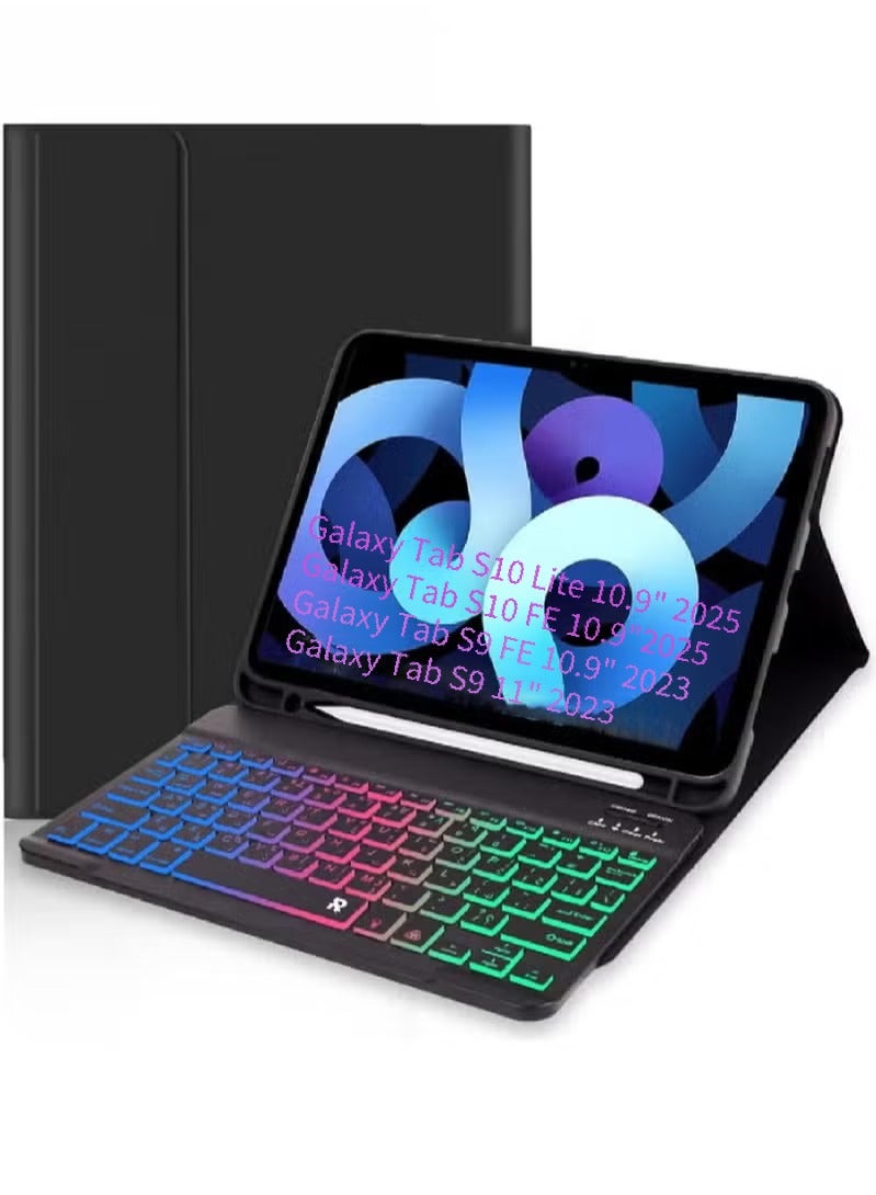 روك بو حافظة لوحة مفاتيح لجهاز Samsung Galaxy Tab S10 Lite 5G مقاس 10.9 بوصة 2025/S10 FE مقاس 10.9 بوصة 2025 وS9 FE 5G مقاس 10.9 بوصة 2023/Galaxy Tab S9 مقاس 11 بوصة 2023 وS8 مقاس 11 بوصة 2022 وS7 مقاس 11 بوصة 2020 مع حامل رفيع ولوحة تتبع مدمجة وحامل قلم S وإضاءة خلفية RGB ولوحة مفاتيح لاسلكية قابلة للفصل بتقنية البلوتوث - Image 1