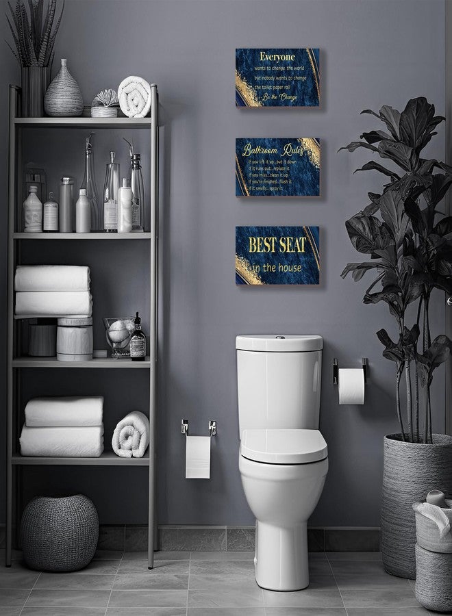 DONFENTHY 3 Pieces Blue Gold Bathroom Decor Bathroom Rules Wall Art Best Seat in The House Rustic Farmhouse Wooden Decoration for Toilet(Blue Gold 10x5 Inches) - Image 2