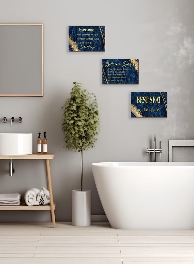 DONFENTHY 3 Pieces Blue Gold Bathroom Decor Bathroom Rules Wall Art Best Seat in The House Rustic Farmhouse Wooden Decoration for Toilet(Blue Gold 10x5 Inches) - Image 5