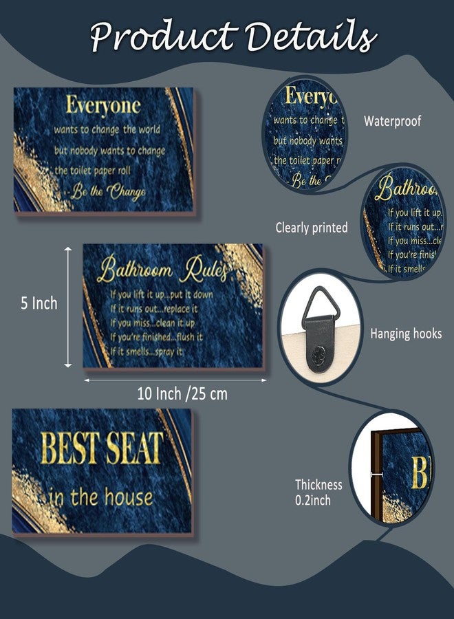 DONFENTHY 3 Pieces Blue Gold Bathroom Decor Bathroom Rules Wall Art Best Seat in The House Rustic Farmhouse Wooden Decoration for Toilet(Blue Gold 10x5 Inches) - Image 4