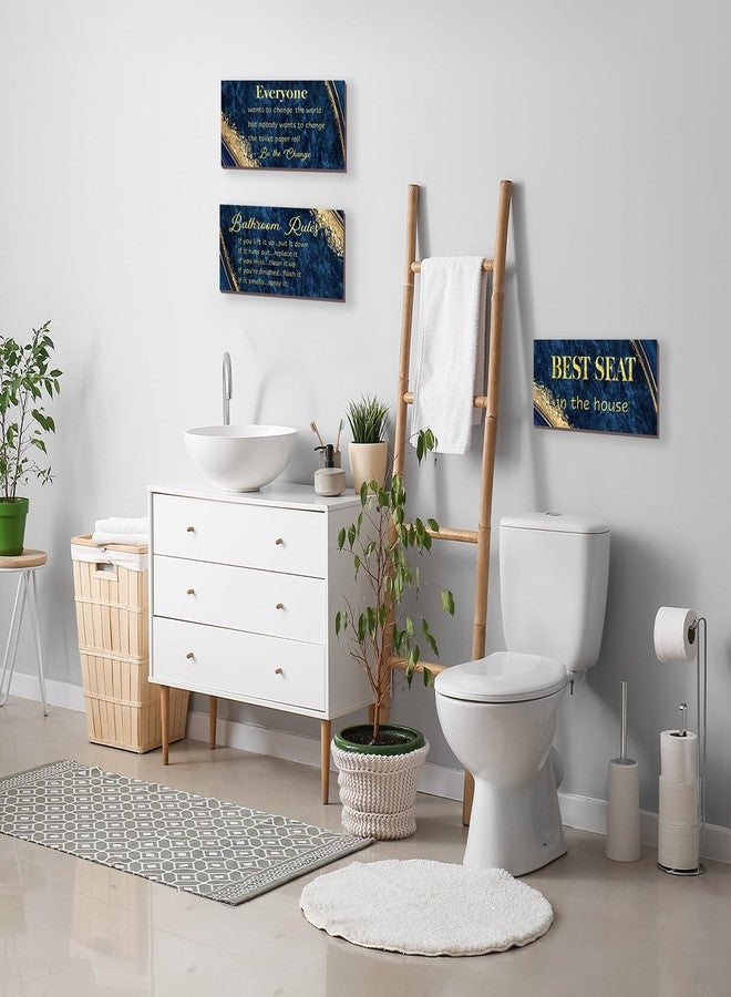 DONFENTHY 3 Pieces Blue Gold Bathroom Decor Bathroom Rules Wall Art Best Seat in The House Rustic Farmhouse Wooden Decoration for Toilet(Blue Gold 10x5 Inches) - Image 3