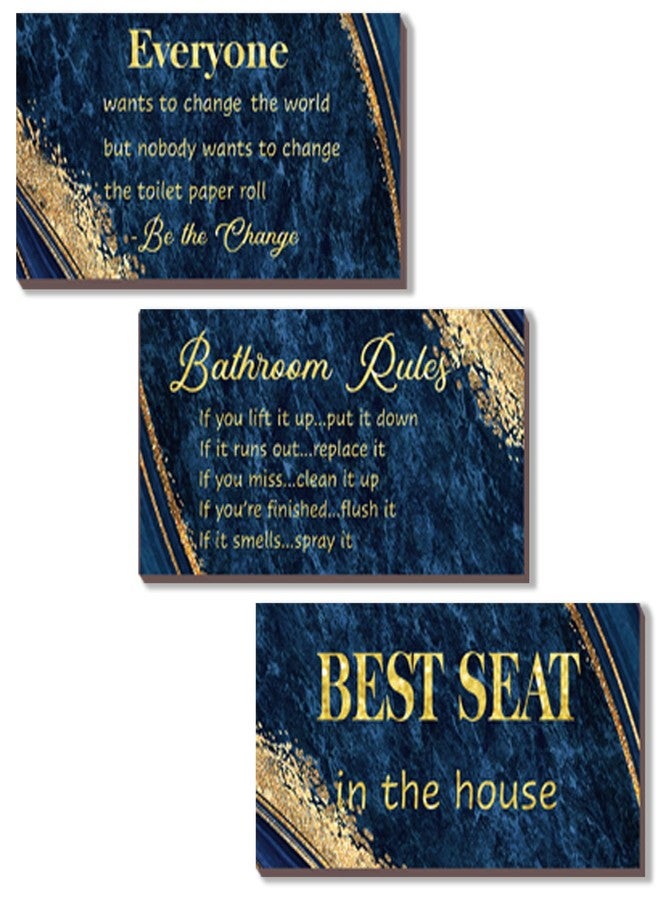 DONFENTHY 3 Pieces Blue Gold Bathroom Decor Bathroom Rules Wall Art Best Seat in The House Rustic Farmhouse Wooden Decoration for Toilet(Blue Gold 10x5 Inches) - Image 1