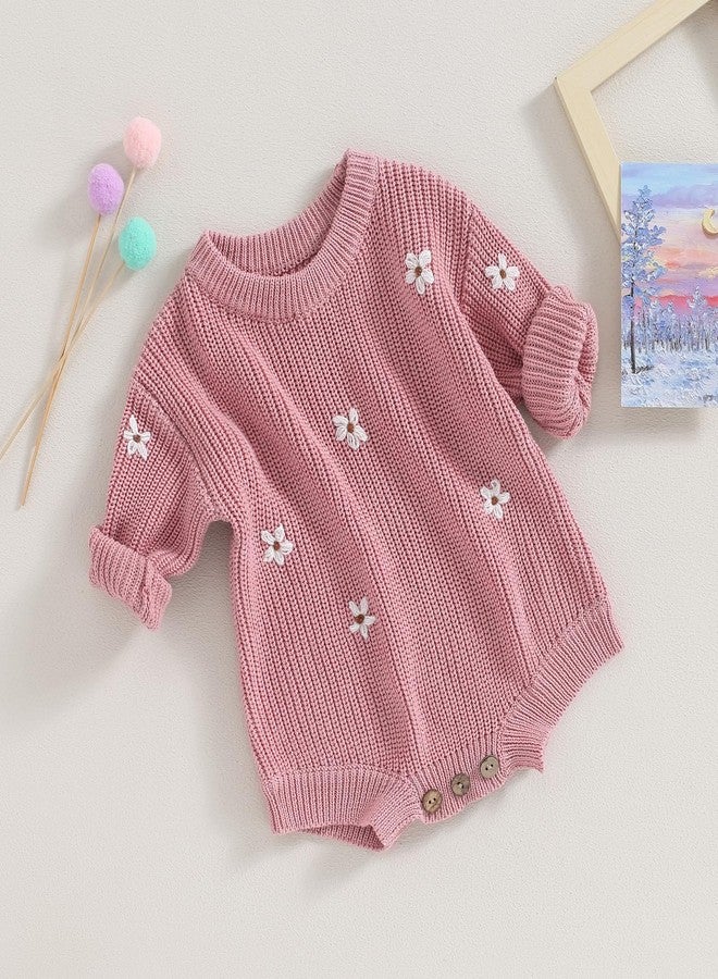 Mubineo Baby Girl Winter Clothes Cute Flower Romper Sweater Jumpsuit Pullover Long Sleeve Knit Newborn Infant Sweaters (Dusty Pink, 0-3 Months) - Image 2