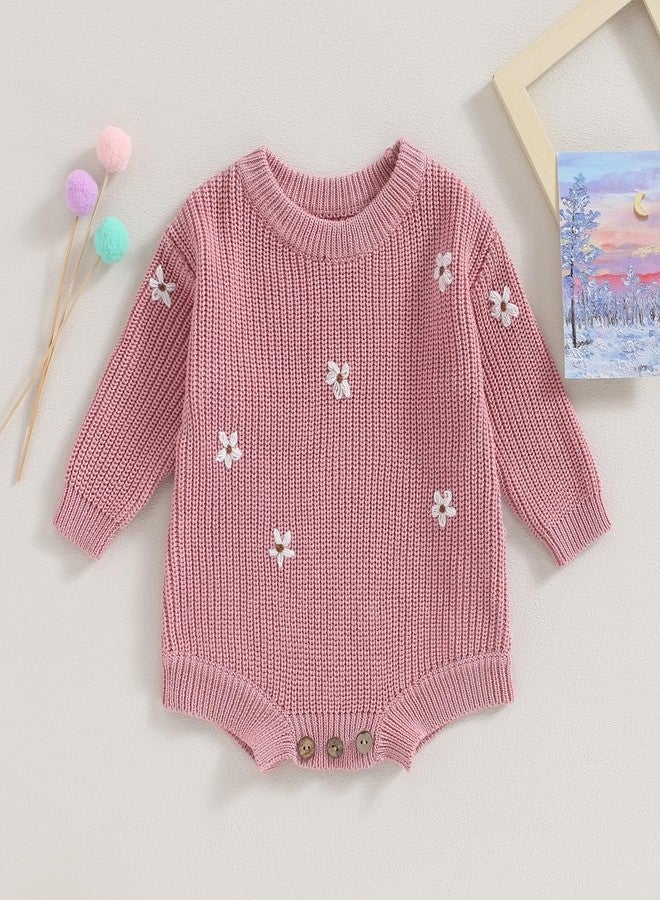 Mubineo Baby Girl Winter Clothes Cute Flower Romper Sweater Jumpsuit Pullover Long Sleeve Knit Newborn Infant Sweaters (Dusty Pink, 0-3 Months) - Image 4