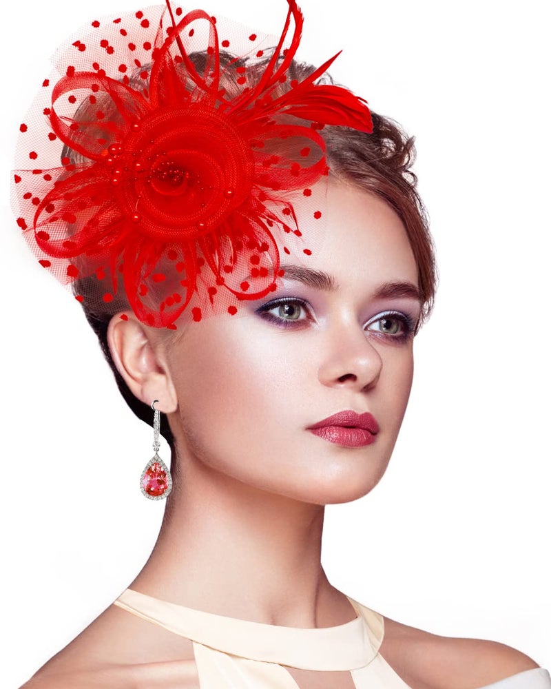 Stegosaurus Fascinators for Women Kentucky Derby Hats,Tea Party Hat Headband Hair Clip for Wedding Cocktail Red - Image 1