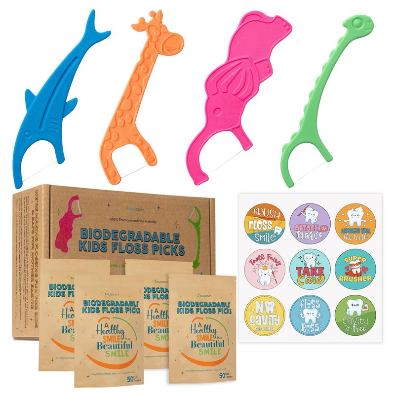 Trueocity Biodegradable Kids Flossers -200 Pack, Natural Kids Floss Picks, Fluoride Free, Biodegradable Floss Pick, Organic Animal Dental Floss Picks, Dental Floss Sticks - 4 Fun Animal Designs - Image 1