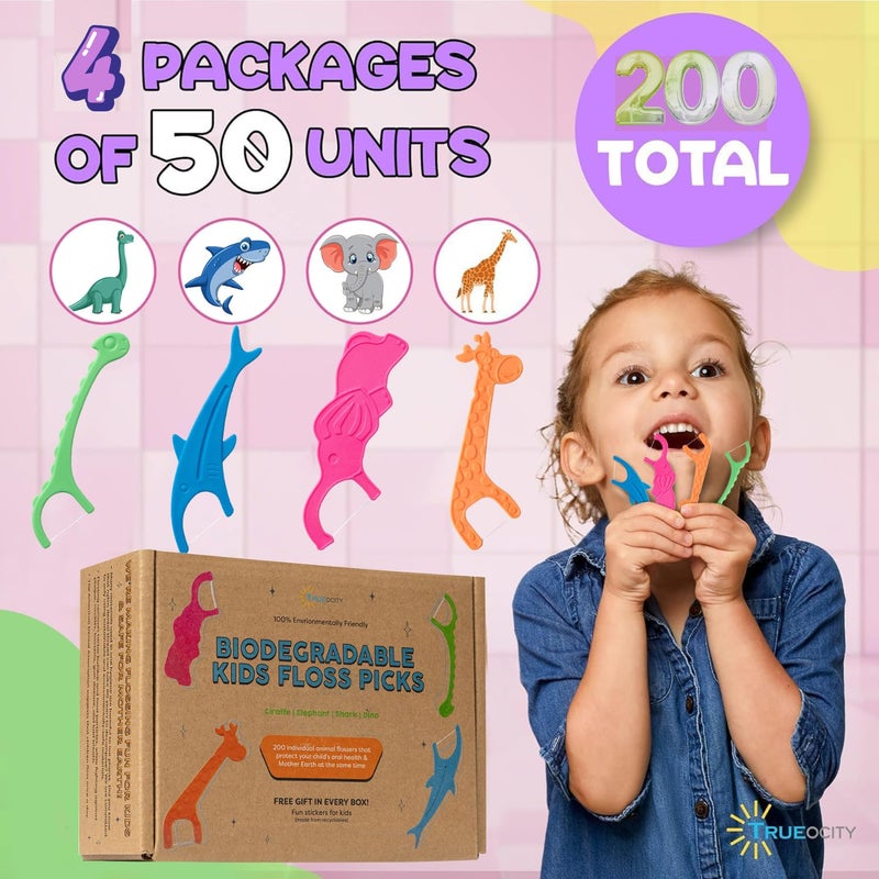 Trueocity Biodegradable Kids Flossers -200 Pack, Natural Kids Floss Picks, Fluoride Free, Biodegradable Floss Pick, Organic Animal Dental Floss Picks, Dental Floss Sticks - 4 Fun Animal Designs - Image 4