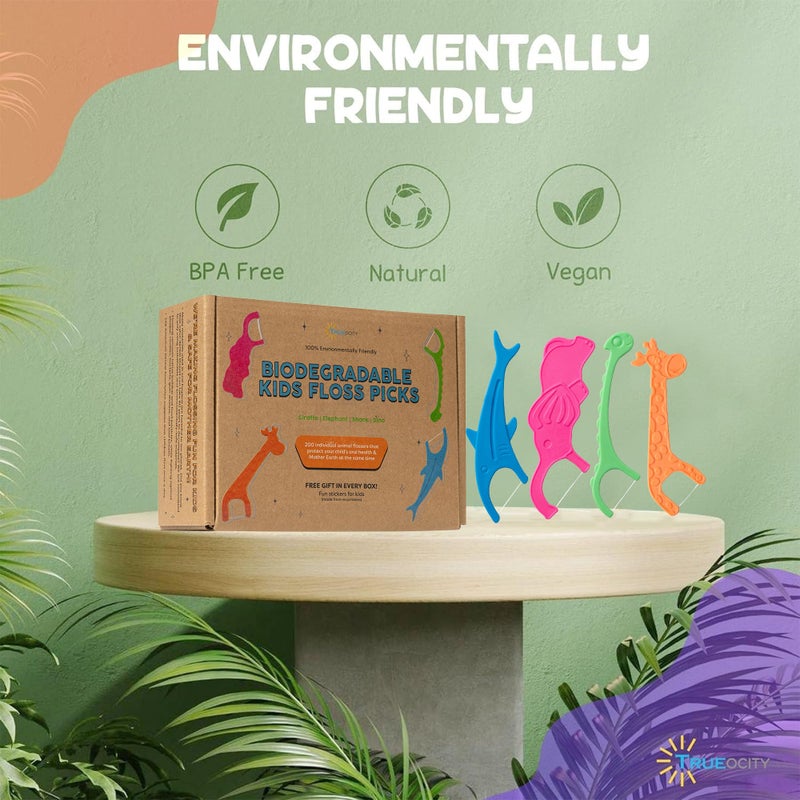 Trueocity Biodegradable Kids Flossers -200 Pack, Natural Kids Floss Picks, Fluoride Free, Biodegradable Floss Pick, Organic Animal Dental Floss Picks, Dental Floss Sticks - 4 Fun Animal Designs - Image 5