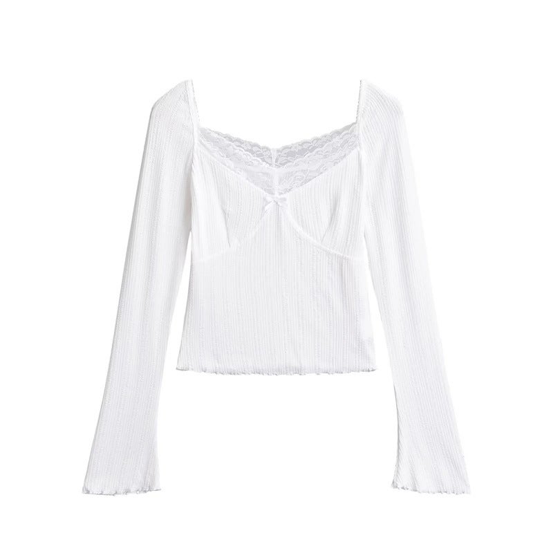 Pure Desire Style Bow Lace Stitching Square Collar Long-Sleeved T-Shirt Early Autumn New Slim-Fit Short Bottoming Top - Image 1