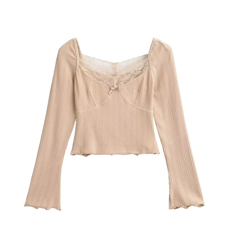 Pure Desire Style Bow Lace Stitching Square Collar Long-Sleeved T-Shirt Early Autumn New Slim-Fit Short Bottoming Top - Image 3