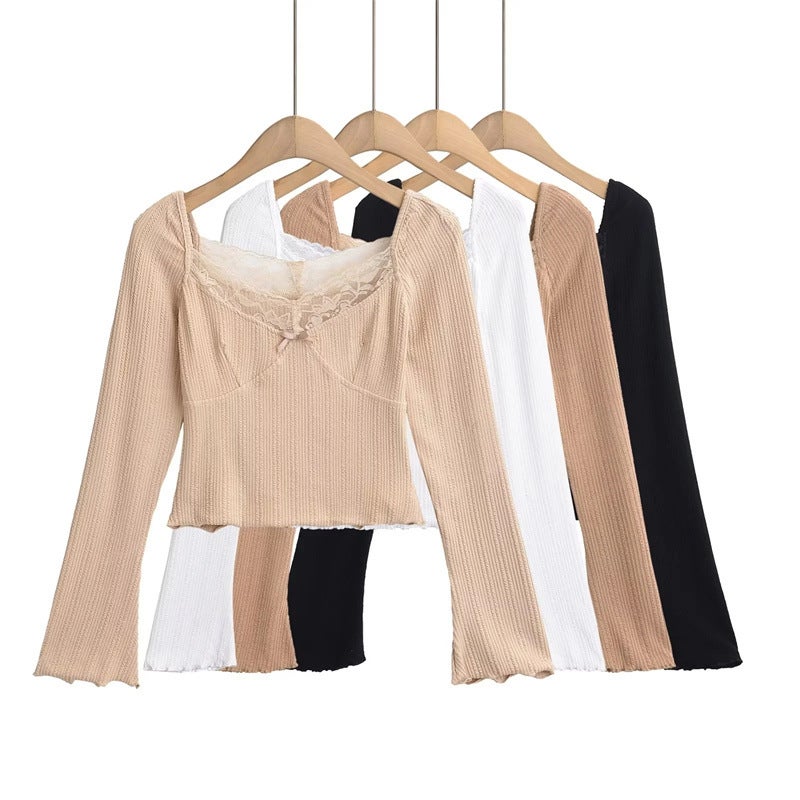 Pure Desire Style Bow Lace Stitching Square Collar Long-Sleeved T-Shirt Early Autumn New Slim-Fit Short Bottoming Top - Image 2