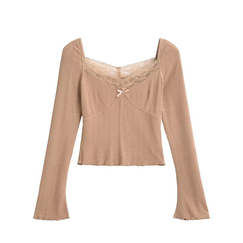Pure Desire Style Bow Lace Stitching Square Collar Long-Sleeved T-Shirt Early Autumn New Slim-Fit Short Bottoming Top - Image 5