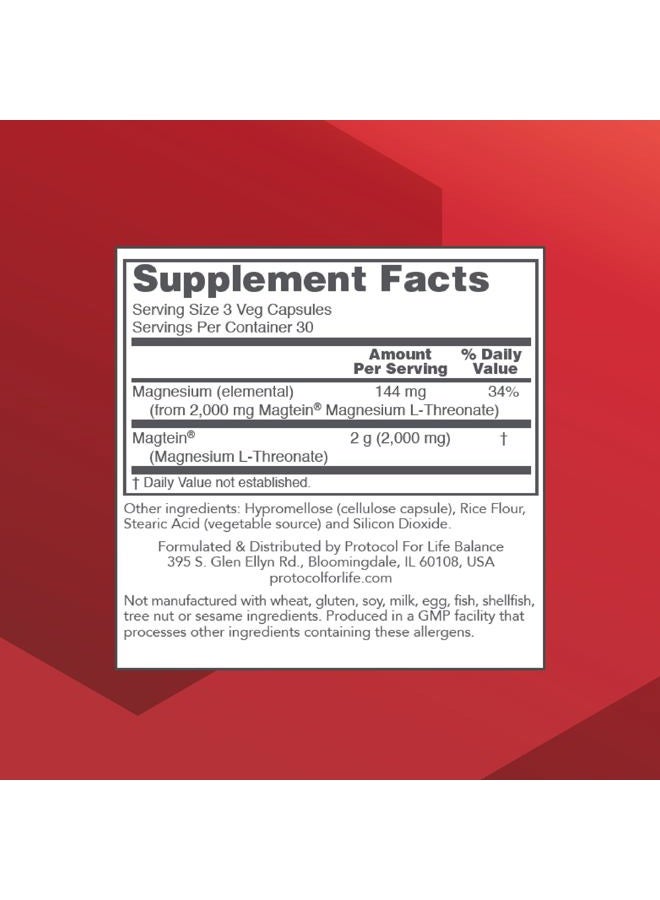 Protocol For Life Balance Magtein - 2,000mg Magnesium L-Threonate Magtein - Support Brain Focus & Memory Health - Kosher & Non-GMO - 90 Veg Capsules - Image 2