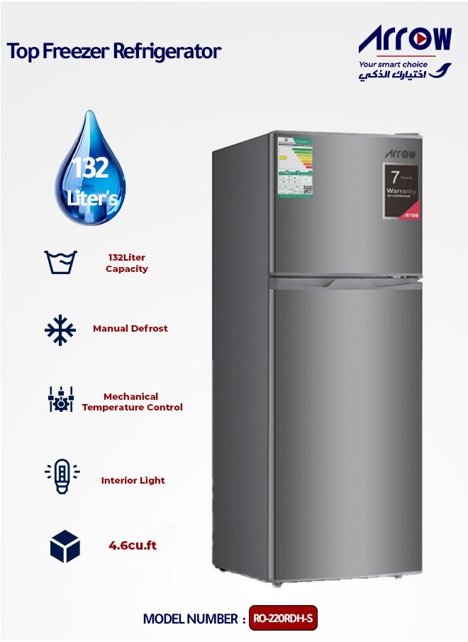 Arrow 132L Top Freezer Refrigerator, 4.6 Cu. Ft. Capacity with Mechanical Temperature Control, Manual Defrost, Transparent Door Rack, Adjustable Legs, and Normal Ice Maker, INOX color | Model No: RO-220RDH  - Image 1
