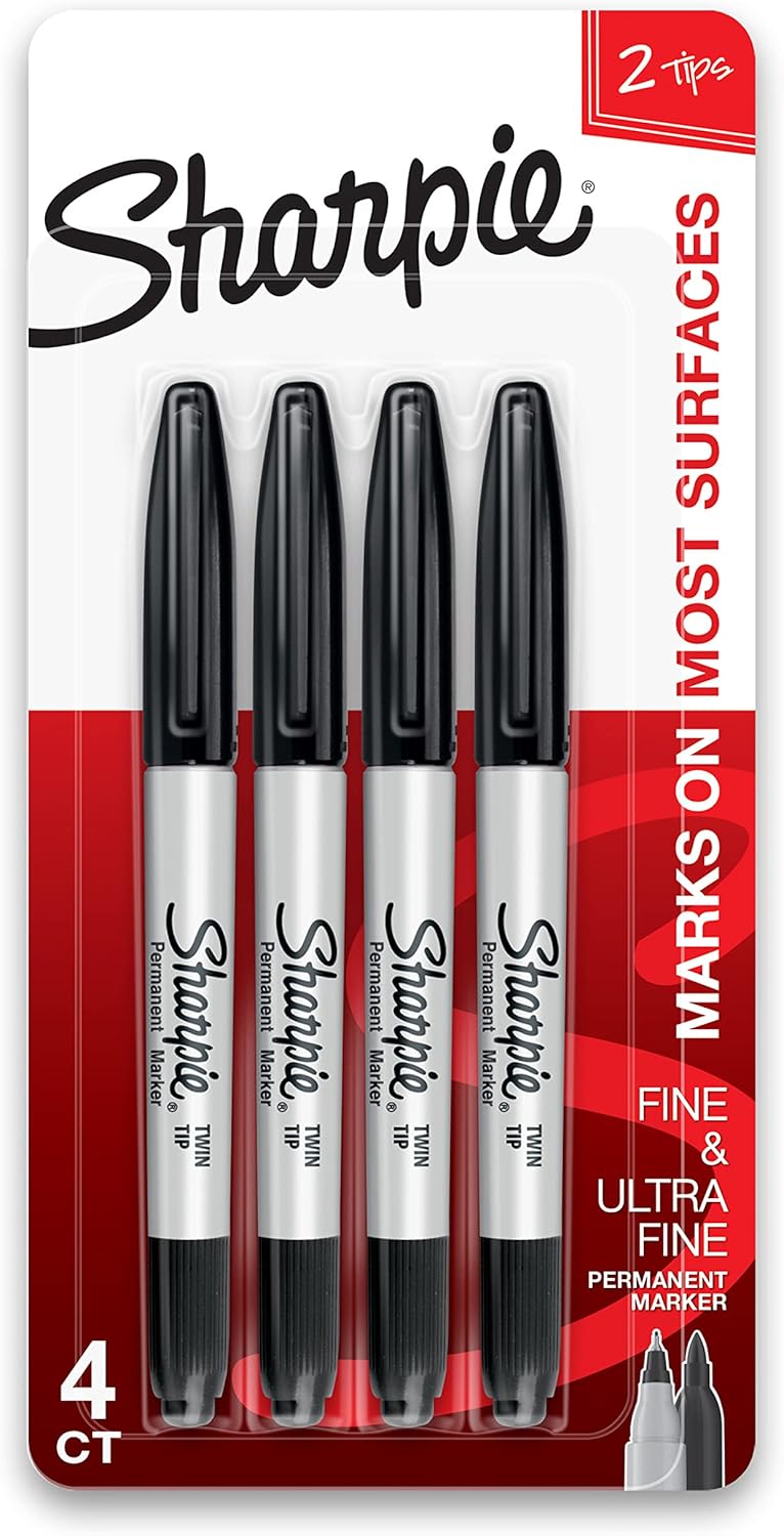 Sharpie ماركرات شاربى توين تيب الدائمة برأسين رفيع وعالي الدقة باللون الأسود 4 قطع - Image 1