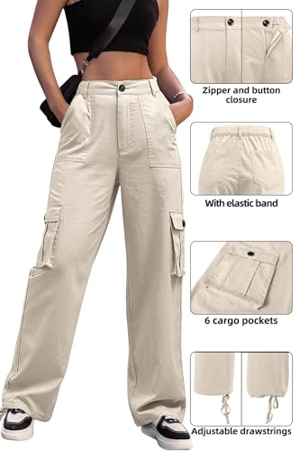 ZMPSIISA Women High Waisted Cargo Pants Wide Leg Casual Linen 6 Pockets Combat Military Trousers(Classic Khaki Linen,Small) - Image 5