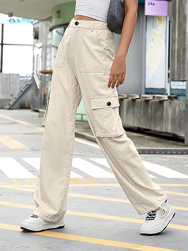 ZMPSIISA Women High Waisted Cargo Pants Wide Leg Casual Linen 6 Pockets Combat Military Trousers(Classic Khaki Linen,Small) - Image 2
