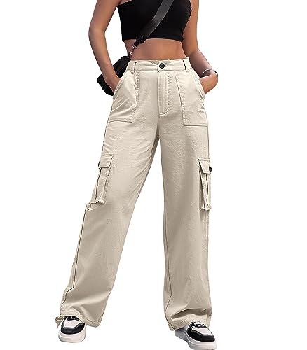 ZMPSIISA Women High Waisted Cargo Pants Wide Leg Casual Linen 6 Pockets Combat Military Trousers(Classic Khaki Linen,Small) - Image 1