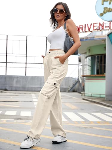 ZMPSIISA Women High Waisted Cargo Pants Wide Leg Casual Linen 6 Pockets Combat Military Trousers(Classic Khaki Linen,Small) - Image 3