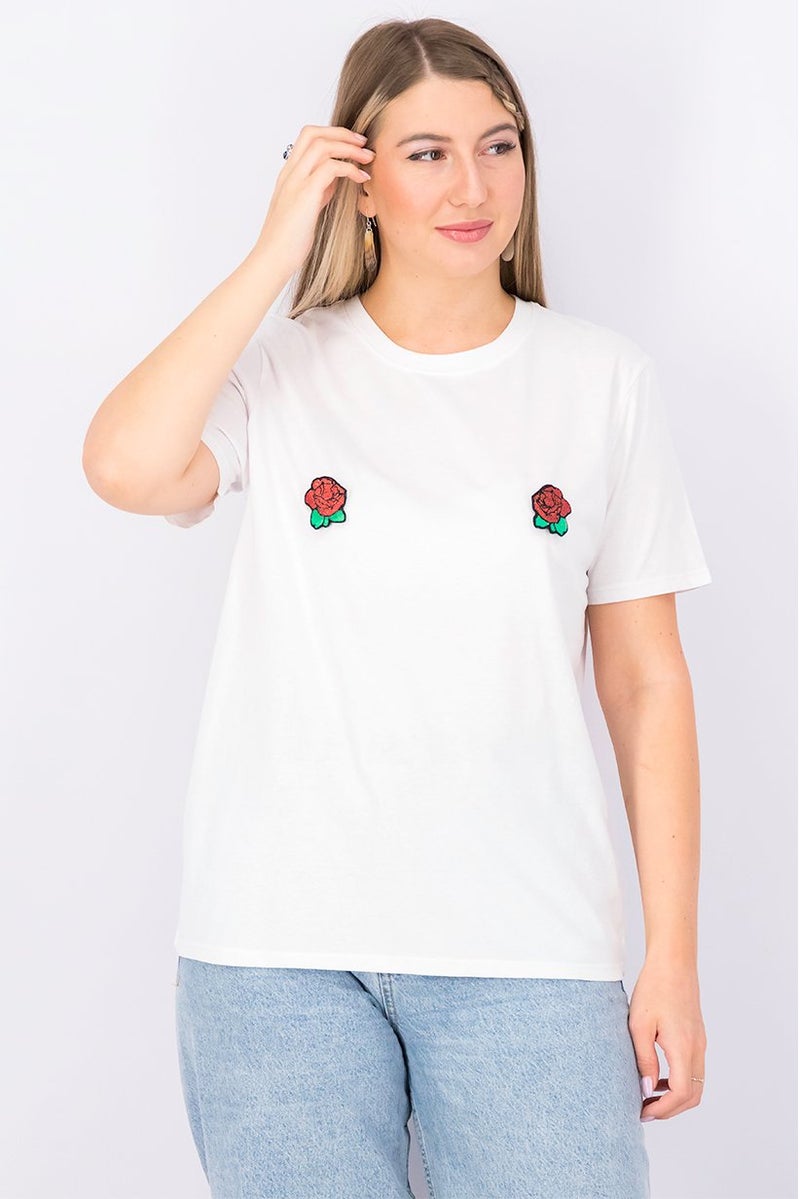 UNDIZ Women Crew Neck Short Sleeve Textured Top, White Combo - Image 1