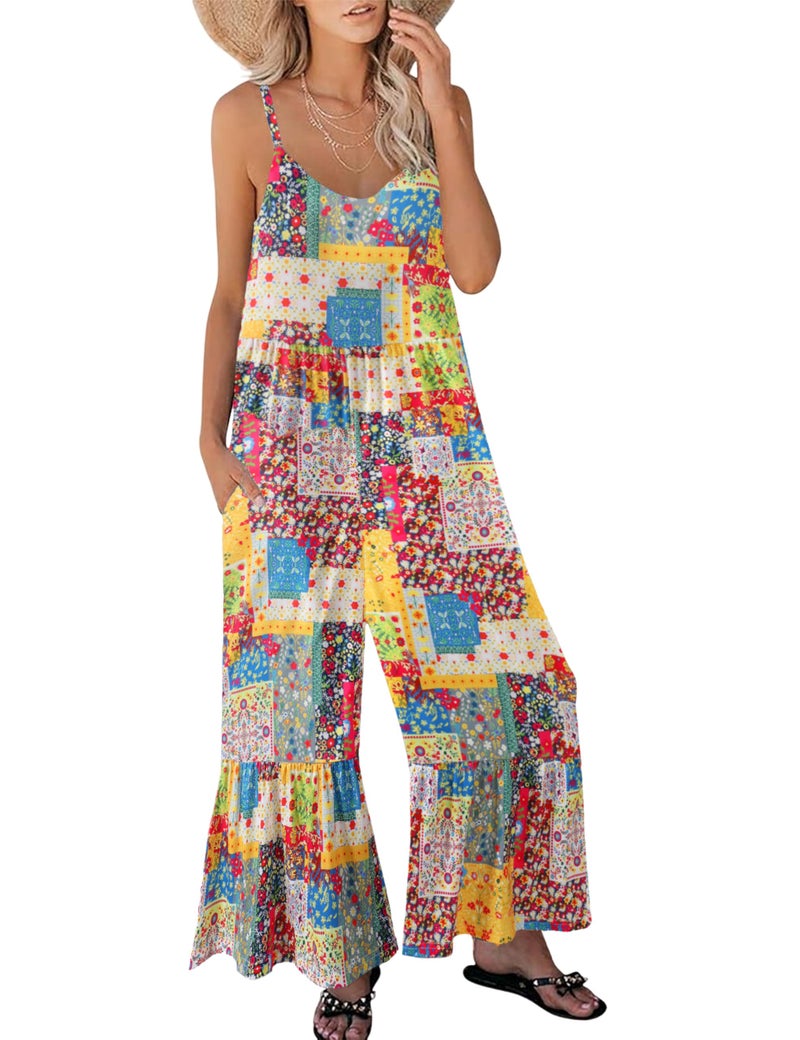 Himosyber Women's Summer Boho Jumpsuits Casual Wide Leg Bib Overalls Floral Print Rompers with Pockets (Yellow-S) - Image 1