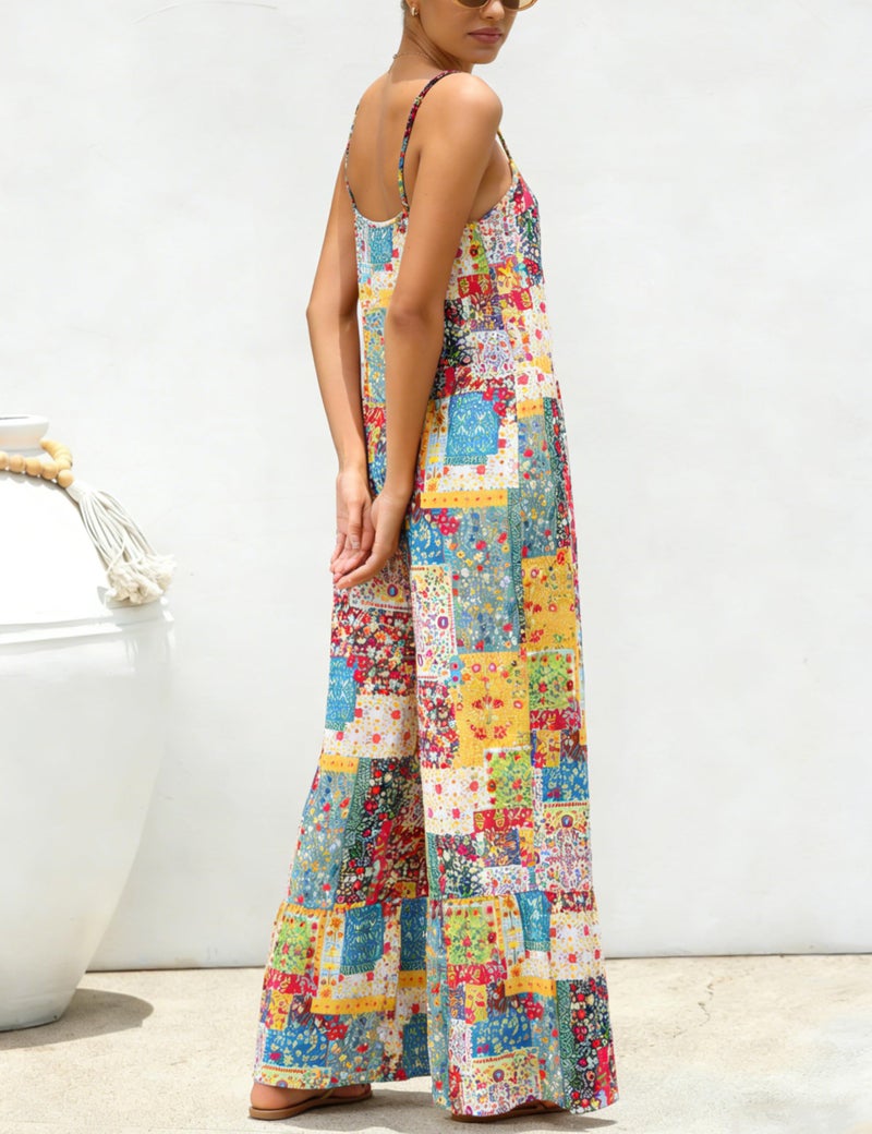 Himosyber Women's Summer Boho Jumpsuits Casual Wide Leg Bib Overalls Floral Print Rompers with Pockets (Yellow-S) - Image 4